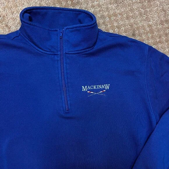 VTG Michagan Mackinaw Island 1/4 Zip Mock Neck Sweatshirt Mens XL Blue Classic - Picture 3 of 8